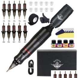 Tattoo Guns Kits Kit Professionele draadloze hine roterende pen met cartridgenaalden Permanente make-upset voor beginners 220808 Drop Deliv Dhtuq