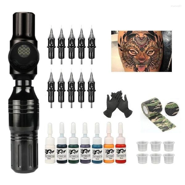 Kits de pistolas de tatuaje Kit de máquina profesional Juego completo de pluma rotativa Mini fuente de alimentación de batería portátil con agujas de cartucho de 10 piezas