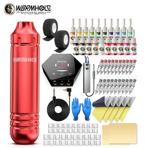 Tattoo Guns Kits Wormhole Rotary Tattoo Machine Kit voor beginners Cartridge Tattoo Machine Kit met 20 kleuren Inkten voeding Tattoo Pen Kit Red 230227