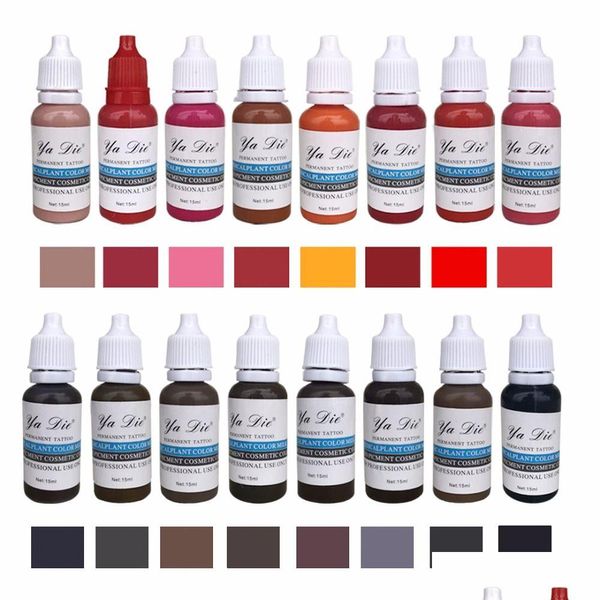 Tintas para tatuajes 16 colores Maquillaje permanente Micro pigmentos Conjunto Tinta para tatuaje Cosmético Kit de 15 ml para cejas Labio Maquillaje Drop Delivery Health Be Dhqu3