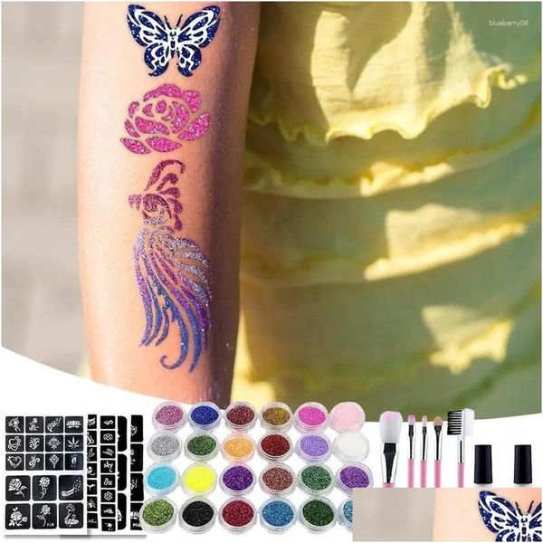 Encres de tatouage 30 couleurs Kit de paillettes avec pochoir colle pinceau maquillage corps art pour enfants adts peinture poudre livraison santé beauté ta otmk6