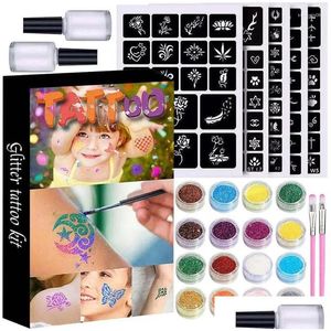 Encres de tatouage Tatouages à paillettes pour filles Ensemble de tatouage avec 24 paillettes 120 pochoirs uniques Facile à utiliser 5 2 pinceaux Livraison directe pour enfants Santé Otn8A