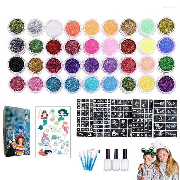 Encres de tatouage Kit de paillettes temporaires tatouages 36 couleurs 5 pièces pochoirs 3 pinceaux à colle 2