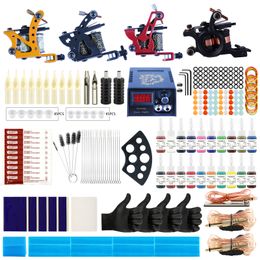 Tattoo Kit 4 Machines Gun 20pc Ink Power Supply Grips Volledige accessoires levert Body Art Tools