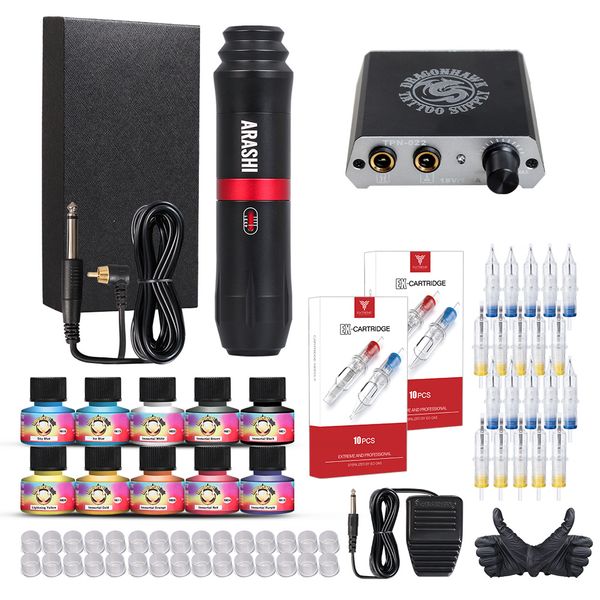 Kit de tatuaje Arashi Rotary Motor Pen Fuente de alimentación Tintas inmortales Cartuchos Agujas D3069