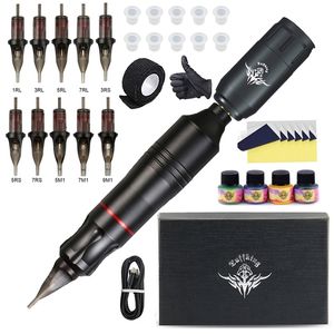 Tattoo Kit Professionele draadloze machine roterende pen met cartridge naalden permanente make -up set voor beginners 220624