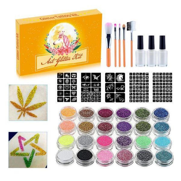 Tatouage 24 couleurs Tatouage de paillettes temporaire pour enfants Face Body Stickers Luminal avec 5 pochoirs 3 Glue 5 pinceaux pour la fête d'anniversaire 230811