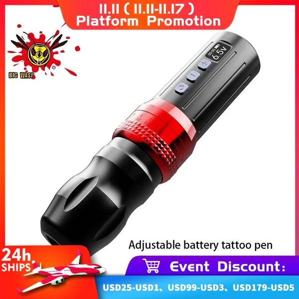 Máquina de tatuaje BIGWASP Máquina de tatuaje inalámbrica ajustable Pluma de batería giratoria Motor fuerte Pantalla digital LCD para maquillaje permanente del cuerpo del artista 231116