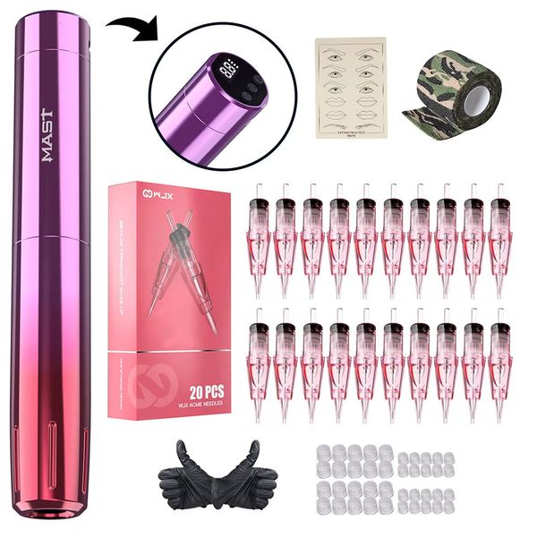 Máquina de tatuaje Mast Y22 Kit inalámbrico 2 modos Labios de cejas Maquillaje permanente Juego de plumas 20 piezas Dragonhawk WJX 1RL Cartucho Agujas 231122