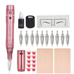 Tattoo Machine Pink Pink Permanent Makeup Kit inalámbrico con agujas de cartucho de 10 piezas suministro de microblading para cejas de polvo delineador de ojos de labios 2308017