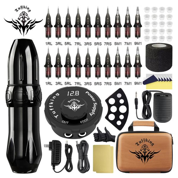 Máquina de tatuaje Kit profesional Conjunto de maquillaje permanente Pluma rotativa Fuente de alimentación LCD con cartucho para artista corporal 230907