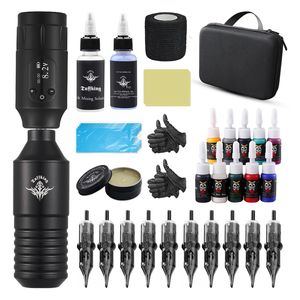 Tattoo Machine Wireless Complete Kit rotatie verstelbare snelheid waterdichte batterijpen set cartridges naald voor body art 230814