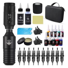 Tattoo Machine Draadloze Tattoo Machine Complete Kit Rotaty Verstelbare Snelheid Waterdichte Tattoo Batterij Pen Set Cartridges Naald Voor Body Art 230831