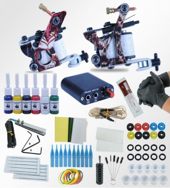 Máquinas de tatuaje Power Box Set 2 pistolas Tintas de colores inmortales Suministro Agujas Accesorios Kits Kit de maquillaje permanente para tatuajes completos 9784274