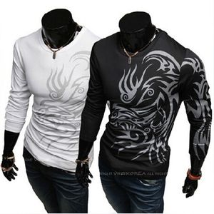 Tattoo print t shirt mannen lange mouw nieuwe mode heren merk kleding casual slank fit o-hals katoen t-shirt tees cj145