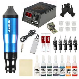 Tattoo Rotary Ink Pen Set Aurora P1 LCD voeding Participridges Needles Kit Professional Machine Body Art and Levers 220617