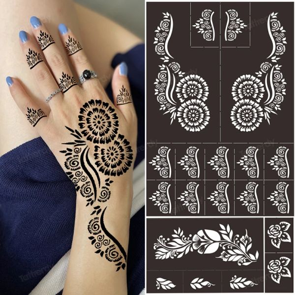 Plantillas de tatuaje manos/pies India Henna Tatuaje temporal Tattoo Kit para el brazo de mano Pies de piernas Cuerpo Arte de la calcomanía Pintura del cuerpo