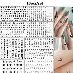 Tattoo -overdracht 10 vellen Alfabet Tijdelijke tattoo -stickers Zwart Engels Cross Crown Heart Number Small Fake Tattoo voor Finger Pols Women Men 240426