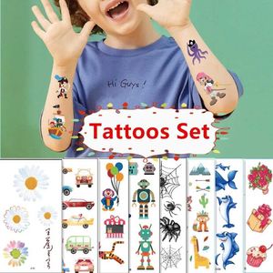 Tattoo -overdracht 10 -stcs/set gekleurde vertaling tatoeages cartoon anime stickers tijdelijke kinderen tattoo bloem dieren robot haaien cake auto's 240426