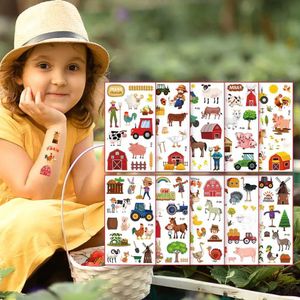 Transfert de tatouage 10pcs / set Farm Animal Party Tattoos Tattoos Autocollant Barnyard Vow Horse Tractor Pig Sheep Kids Kiders Birthday Gift Doncorations 240427