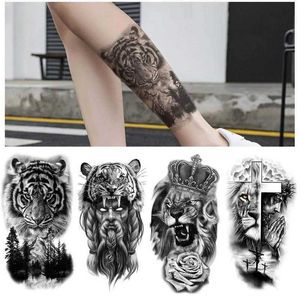 Transfert de tatouage 12pcs / set Black Forest Tattoo Sticker for Men Women Tiger Wolf Death Skull Temporary Fake Henna Skeleton King Animal Tatoo 240426