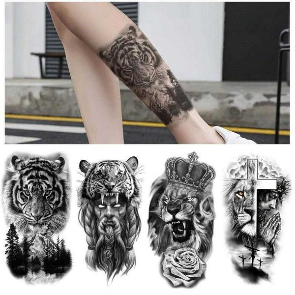 Transfert de tatouage 12pcs / set Black Forest Tattoo Sticker for Men Women Tiger Wolf Death Skull Temporary Fake Henna Skeleton King Animal Tatoo 240426