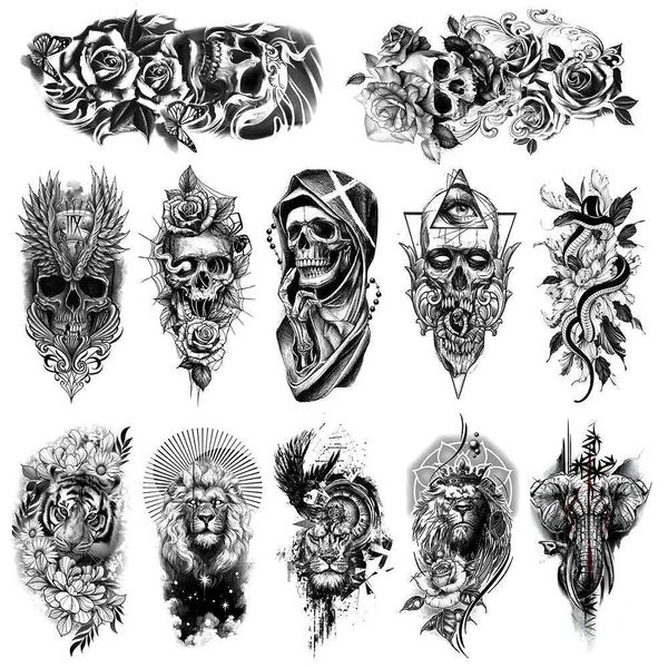 Transfert de tatouage 12pcs / ensemble Autocollant de tatouage noir pour hommes Femmes Tiger Lion Wolf Death Skull Temporaire Faux Henna Squelette Animal Tatoo Modèle Kit 240426