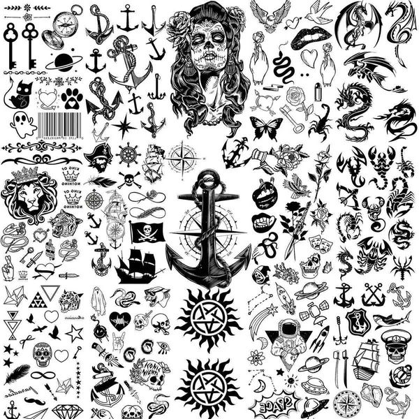 Transfert de tatouage 15 feuilles ancre du crâne tatouages temporaires pour adultes enfants mains doigt faux tatouage autocollant noir dragon lion géométrique tatoos 240426