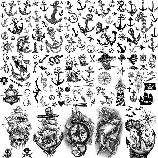 Transfert de tatouage 15 draps Pirate Ship Anchor Tattoos temporaires pour hommes Adultes Femmes Compasse Pâte de tatouage Afficier Faux Shark Tatoo Black Small 240426