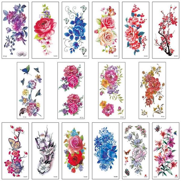 Transfert de tatouage 16pcs / Lotwaterproof Temporary Faux Tattoos Stickers Water Transfer décalage fleurs art corporel pour la beauté Sexy Women Girl 240426