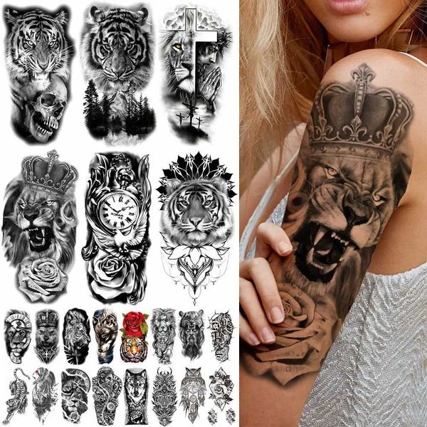 Transfert de tatouage 1pc 3D Pirate Captain Lion Warrior Evil Joker Gangster noir Faux Autocollants Tatouage Halloween Skull Tattoo Tattoo Sleeve 240427