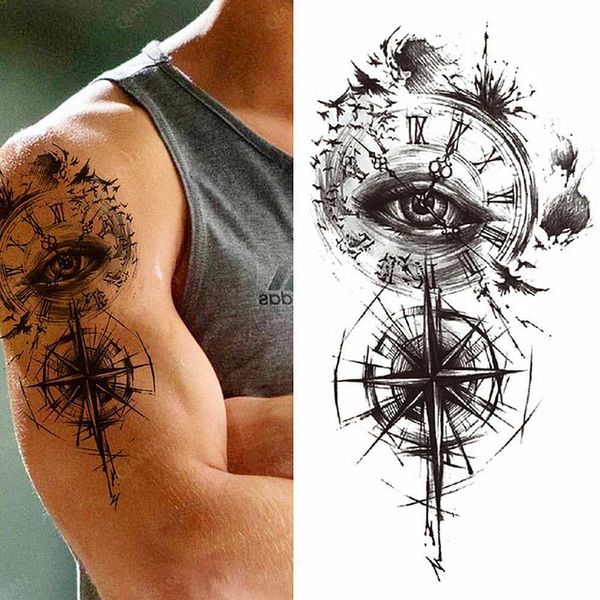 Transferencia de tatuaje 1pc Hombres impermeables tatuajes temporales pegatinas mangas de brazo fresco gran hipster negro ojo de ojos cruzado 240427
