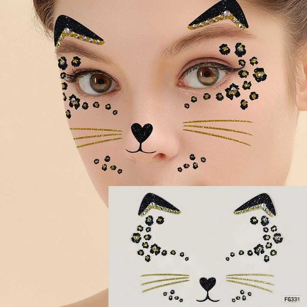 Transfert de tatouage 1pcs Cat mignon Cat 3D Acrylique Rhingestone Face Autocollant Masquerade Party Face Makeup Decoration Tattoo Tattoo Face Painting Decals 240426