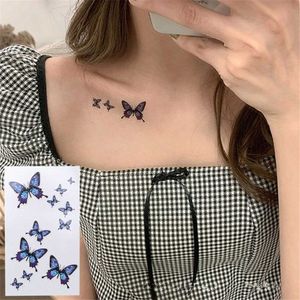 Tattoo -overdracht 2022 Nieuwe vlinder tatoeages Waterdicht blauw vlinder sleutelbeen Slavicle Tijdelijke tattoo stickers Party Decals Men Women Body Art Diy 240426