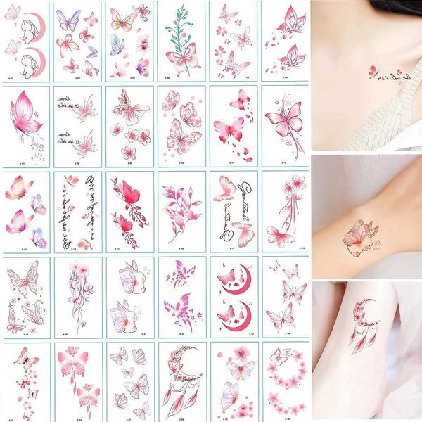 Transfert de tatouage 30pcs / ensemble Tatouages temporaires Autocollants pour femmes Girls Kids Butterflies Fleurs Pink Fake Tattoss Transfert Hand Torre Coure de poignet 240427