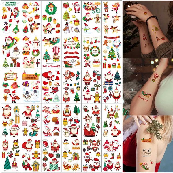 Transfert de tatouage 30sheets de Noël Modèle de dessin animé Stickers Stickers Waterproof Tattoossleigh Santa Clau Christmas Tree Snowman Pattern 240427