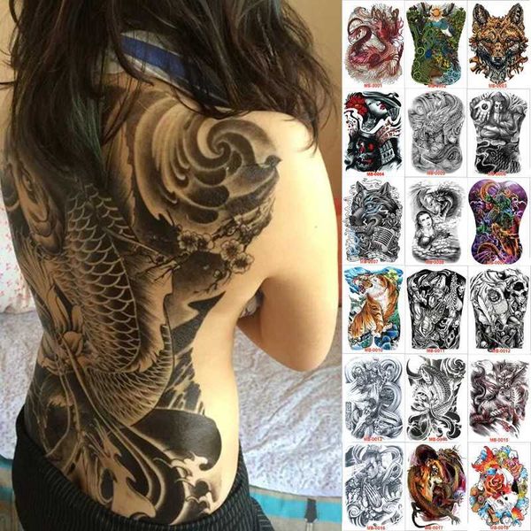 Transfert de tatouage 48 * 35 cm de gros autocollants de tatouage 2018 Nouveaux conceptions Fish Wolf Bouddha imperméable Tatouage temporaire Tatouage Full Back Coffre Body for Men 240427