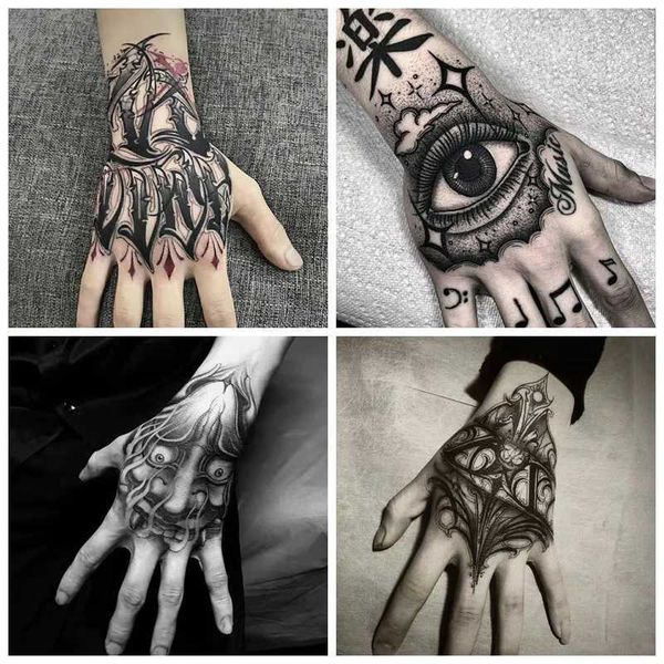 Transfert de tatouage 4pc / lot Dark Back Hand étanche temporaire faux tatouage mâle prajna cool art art personnalité cou halm arm star tatoue autocollants 240426