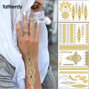 Transferencia de tatuaje 4pcs Nuevo diseño árabe indio Arábigo Golden Flash Flash Henna Tattoo Paste de tatuaje Metalicos Color Metal Tattoo Body Hand Bride Hot 240427