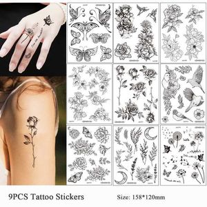 Tattoo -overdracht 6/9 PCS Zwarte bloemtattoo -stickers Waterdichte tijdelijke tatoeages vrouwen vogels nep tatoo body art wegwerp tattoo vlinder 240426