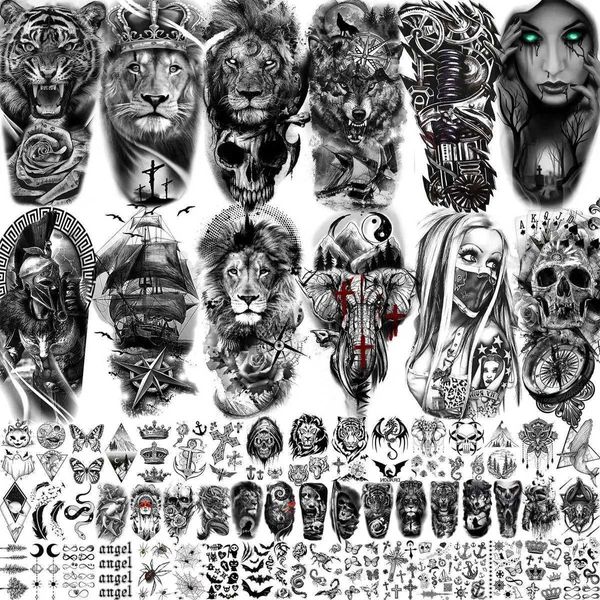 Transfert de tatouage 63 feuilles Tribal Wolf Lion Tiger Tatouages temporaires pour hommes Femmes CHIGH ARMEL FREAT TATOO Autocollant 3d Skull Gangster Tatoos Black 240426