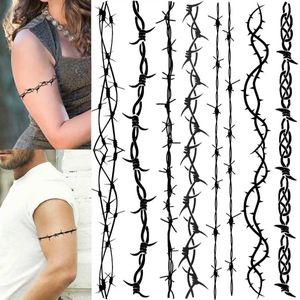 Tattoo Transfer 7 Sheets Barbwire Tijdelijke tatoeages voor volwassenen Arms Halloween Black Tattoos Sticker Fake Prison Prison Prisoner Tattoos 3d prikkeldraad 240426