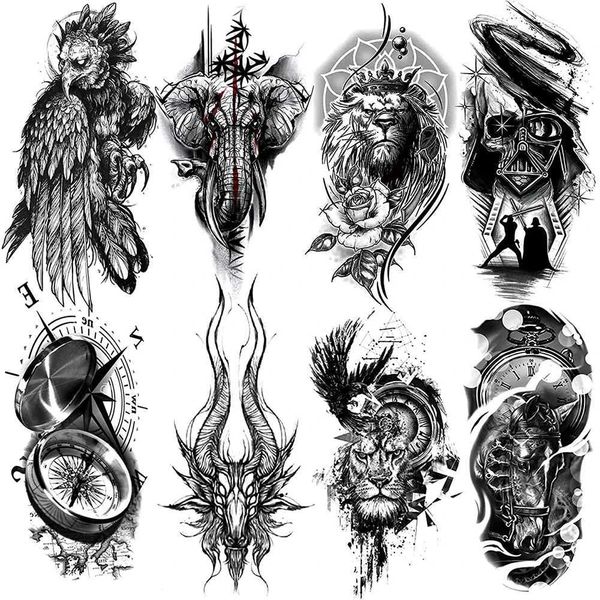 Transfert de tatouage 8pcs Autocollant tatouage temporaire squelette tigre lions animal faux tatouage imperméable art corporel créatif complet faux tatoo 240426