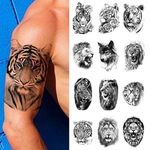 Tatouage Transfert Animaux Transfert Tattoos Tiger Lion Wolf Faux Autocollants tatouages jetables Mentes Femmes Femme Ferme CHIGH LEG CORPS ART ART Stickers 240426
