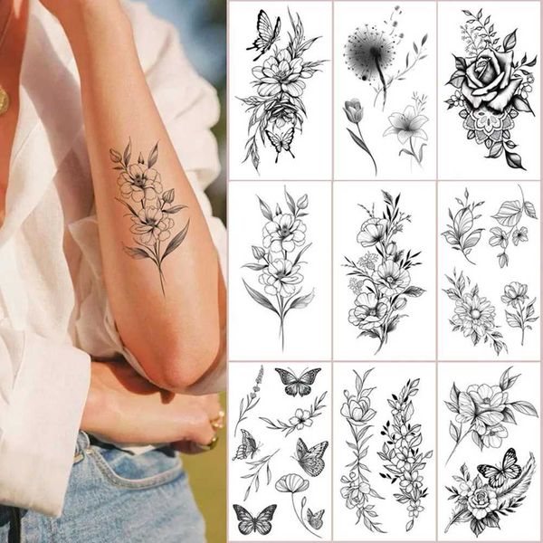 Transfert de tatouage Black Flowerfly Tattoo Patch imperméable False Tatouer Autocollant Temporaire Corps Art Decoration longue durée de bricolage durable 240426