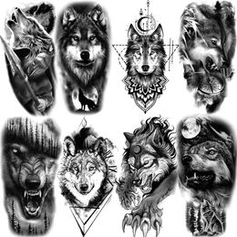 Transfert de tatouage Black Geometric Wolf Moon Tatouages temporaires pour femmes hommes adultes Forest Forest FaTToo Tattoo Art Art lavable Tatoo Paper 240427