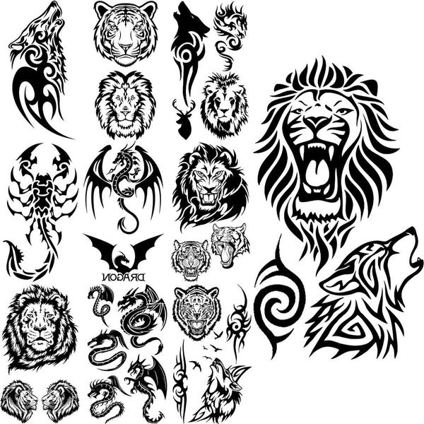 Tatouage Transfert Black Lion Wolf Tatouages temporaires pour femmes Men Men Realist Tiger Scorpion Dragon faux tatouage Sticker Back Body Tatoos Creative 240426