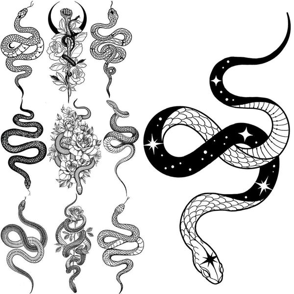 Transfert de tatouage Black Star Snake Tatouages temporaires pour femmes Men Men Réaliste Moon Serpent imperméable faux tatouage Autocollant Cou à main Tatoos Small 240426