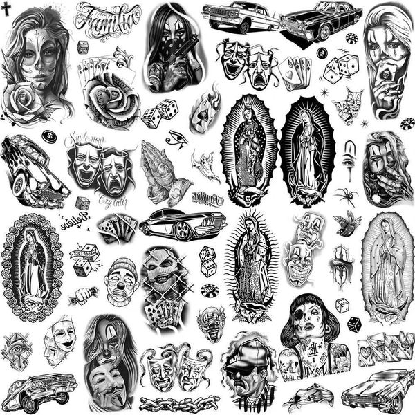 Transfert de tatouage Chicano Bandit Mexique Tatouages temporaires pour hommes Femmes Fake Car nun Tatouage Religion Stickers Realist Back Tamesproof Tatoos 240426