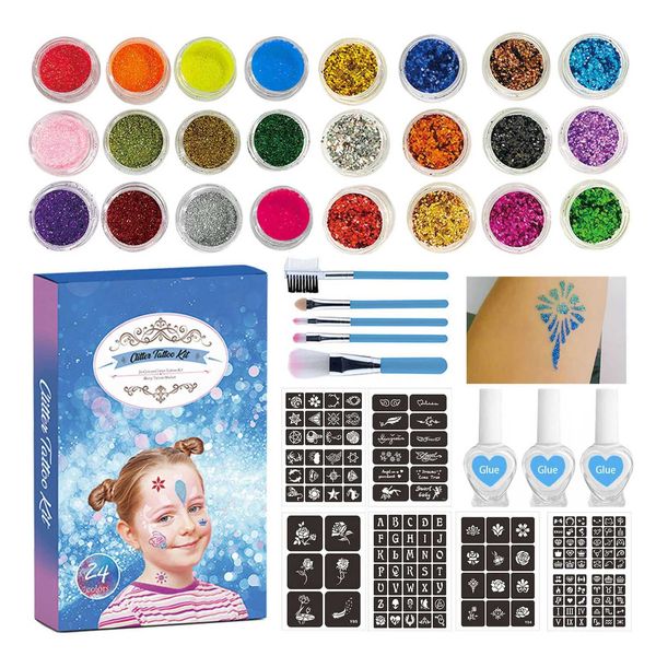 Transfert de tatouage Colorful Diamond paillette Tatouage Tatouage Tatouage Polier Powder Makeup Brush Tatouage Tatouage Tatouage Face Face Body Art Kits For Kids 240427